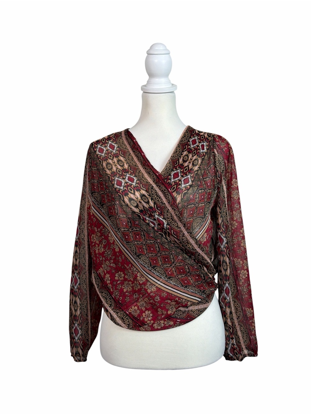Windsor M Burgundy Paisley Sheer Surplice Blouse Tie Back Metallic Boho Top